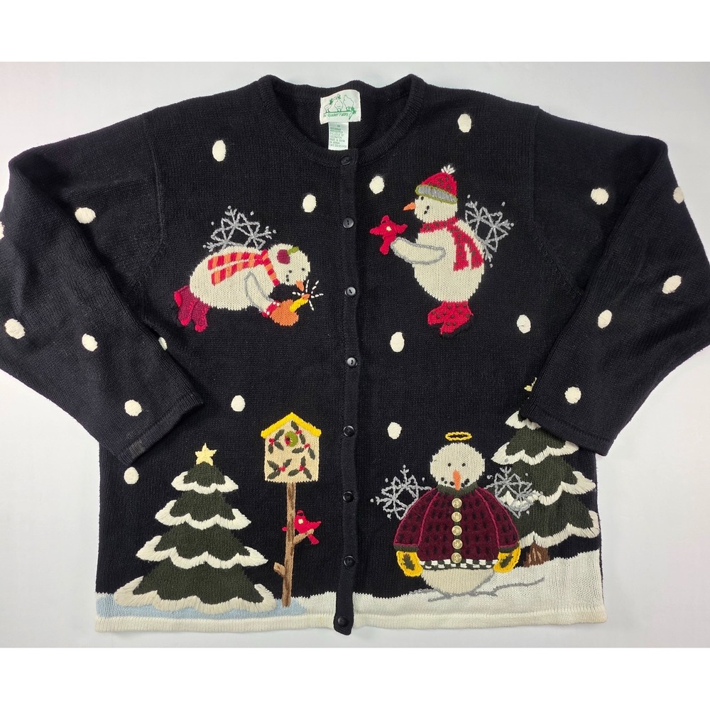 The Quacker Factory All over Print Snowman Cardigan Sweater Women's 1X Black
